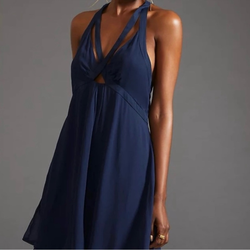 Anthropology NWT navy blue dress with chiffon floaty skirt, size 10